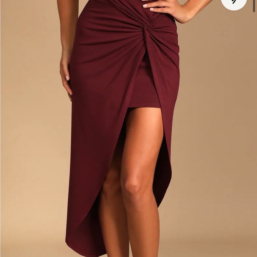 Put a Spin On It Burgundy Twist-Front High-Low Midi Skirt